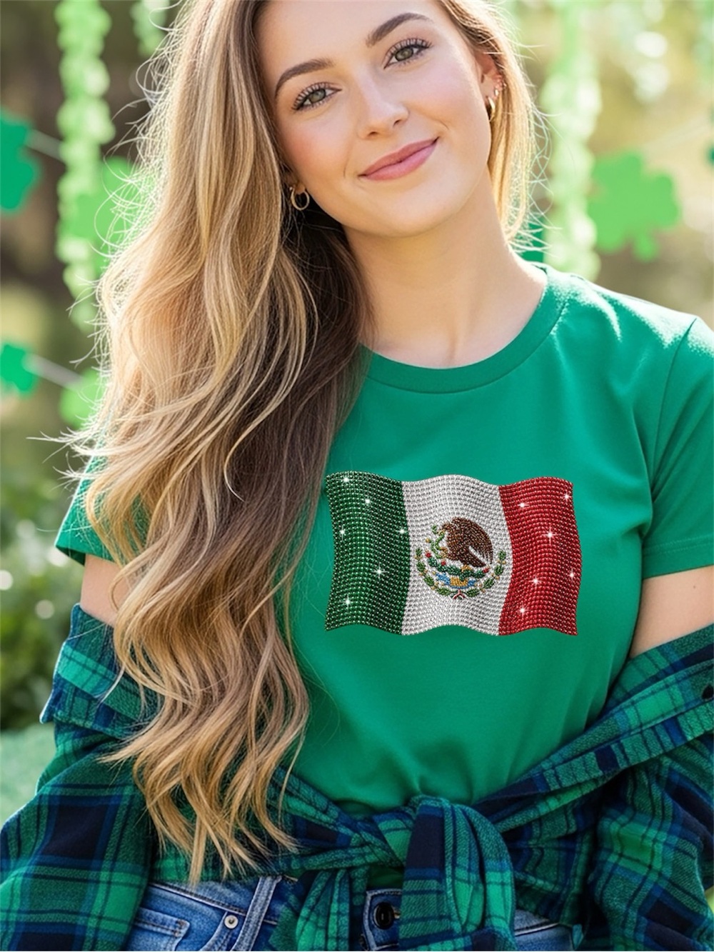 Mexico flag T-shirt new pick one red green white faux rhinestone S M L XL